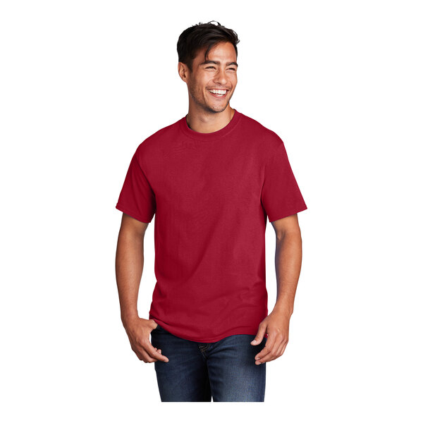 A man wearing a red Port & Company t-shirt.