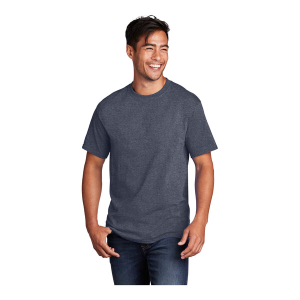 A man wearing a Port & Company heather navy t-shirt.
