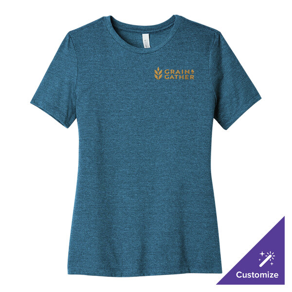 A medium women's heather deep teal t-shirt with a logo on it.