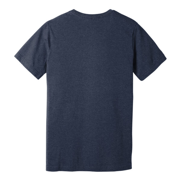 A customizable heather midnight navy Bella + Canvas t-shirt with a white logo on the back.