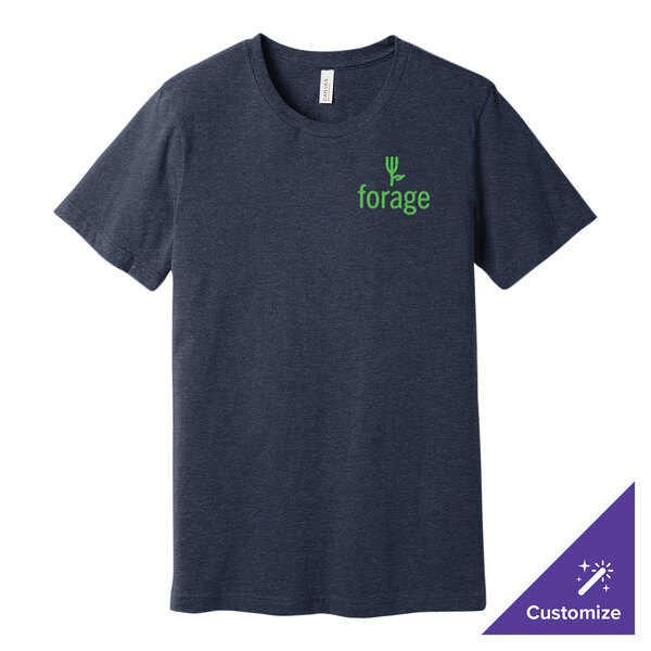 A heather midnight navy Bella + Canvas t-shirt with a logo on it.