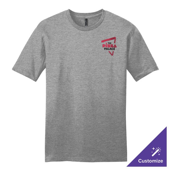 A District gray customizable t-shirt with a red and black logo on it.