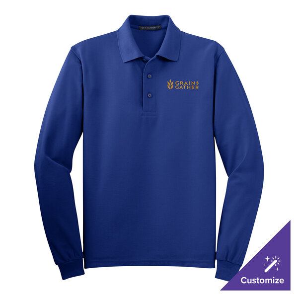 A royal blue Port Authority long sleeve polo shirt.