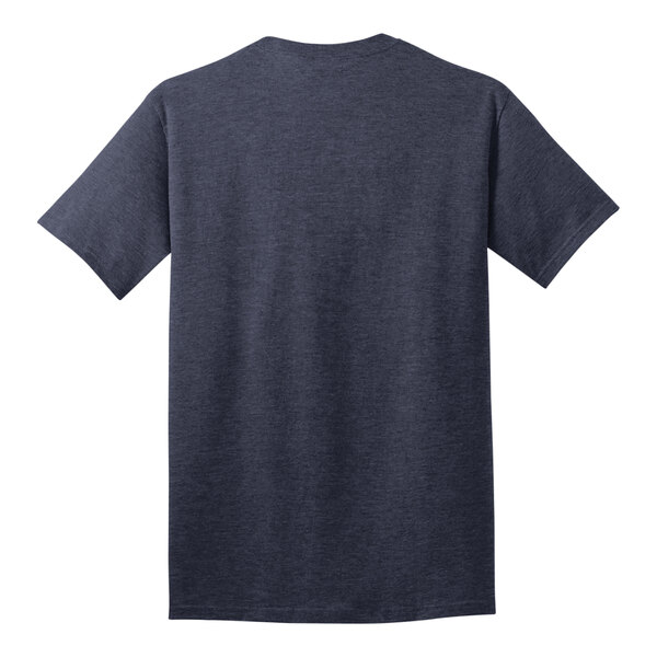 The back of a navy Port & Company t-shirt with a white logo.