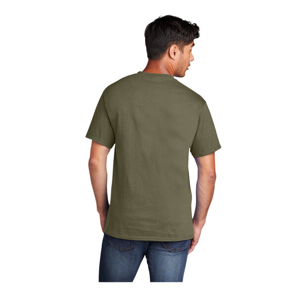 A man wearing an olive drab green Port & Company T-shirt.