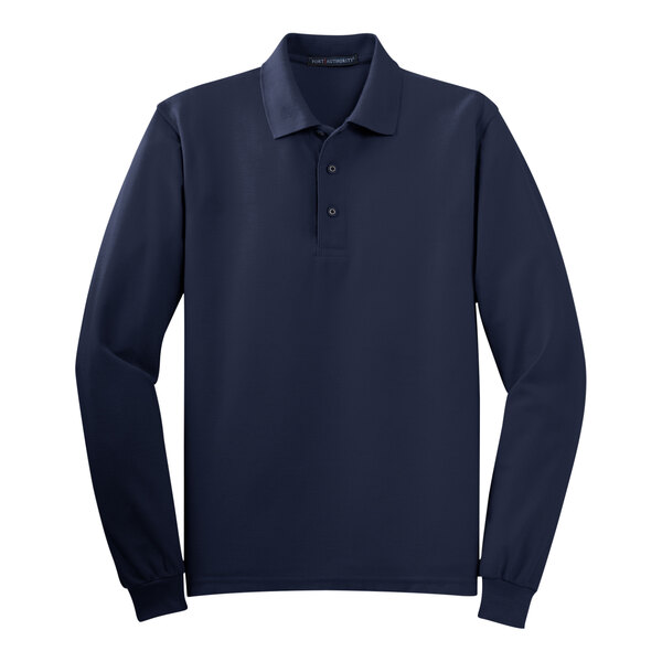 A navy blue Port Authority long sleeve polo shirt.