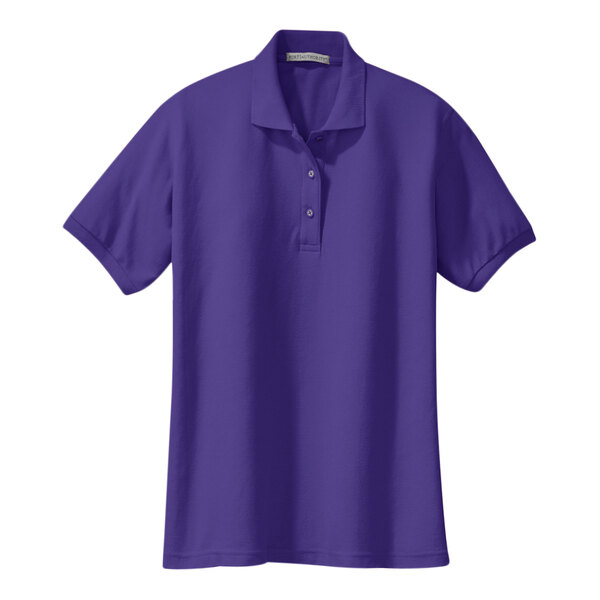 A purple Port Authority silk touch polo shirt with short sleeves.