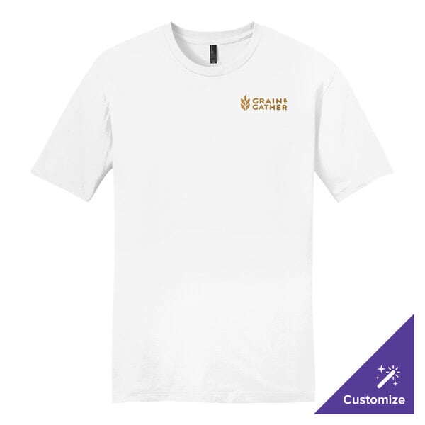 A white District short sleeve t-shirt with gold text on the front.