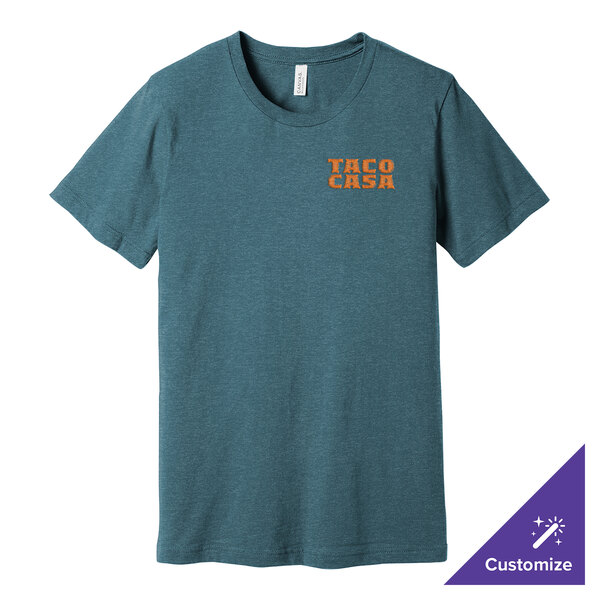 A heather slate Bella + Canvas t-shirt with blue and orange text reading "t-shirt" on it.