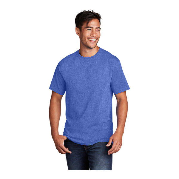 A man wearing a Port & Company Heather Royal short sleeve T-shirt.