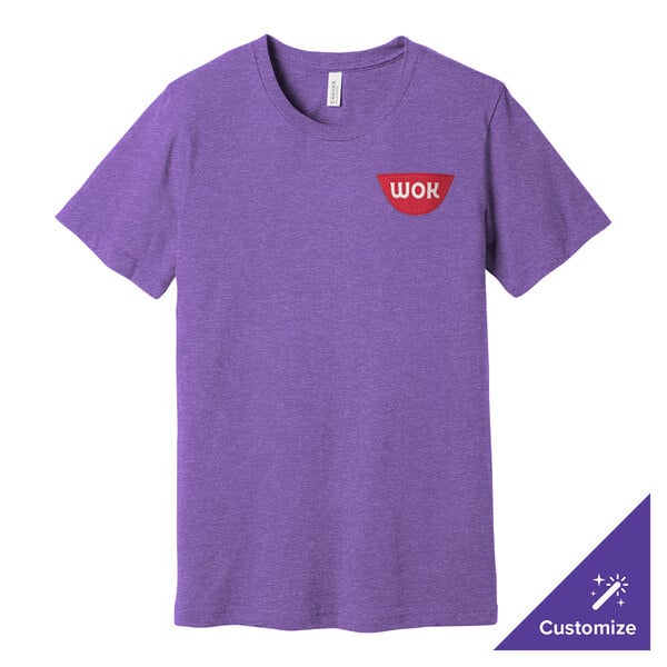 A Bella + Canvas heather team purple t-shirt with a logo on it.