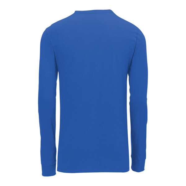 A back view of a blue Nike Dri-FIT long sleeve shirt.