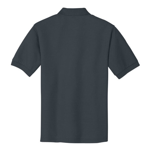 The back of a dark gray Port Authority silk touch pique polo shirt.