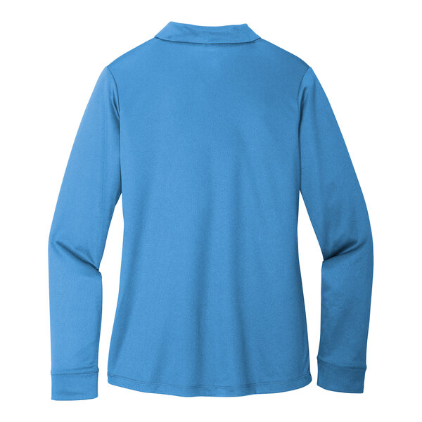 A Port Authority women's long sleeve Carolina blue polo shirt.