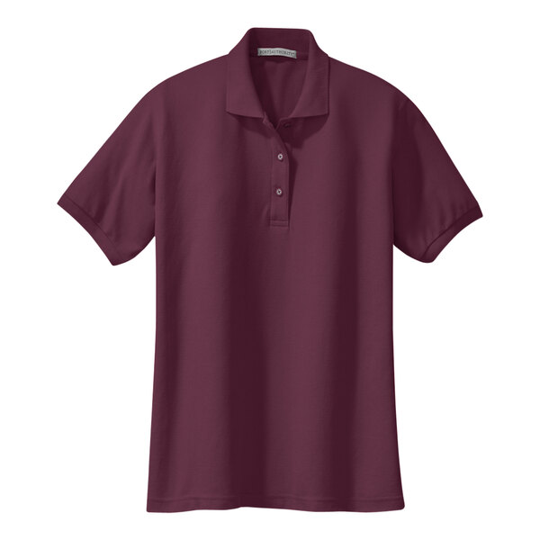 A maroon Port Authority women's short sleeve polo shirt.