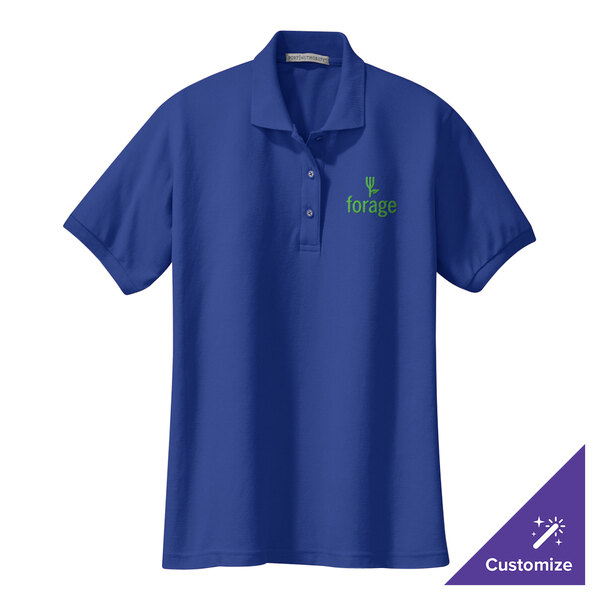 A royal blue Port Authority women's polo shirt with a logo on it.