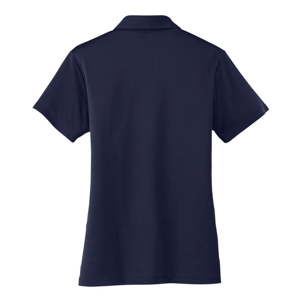 A back view of a navy Port Authority polo shirt.