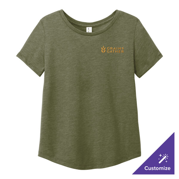 A women's olive green AllMade tri-blend t-shirt with a logo on it.