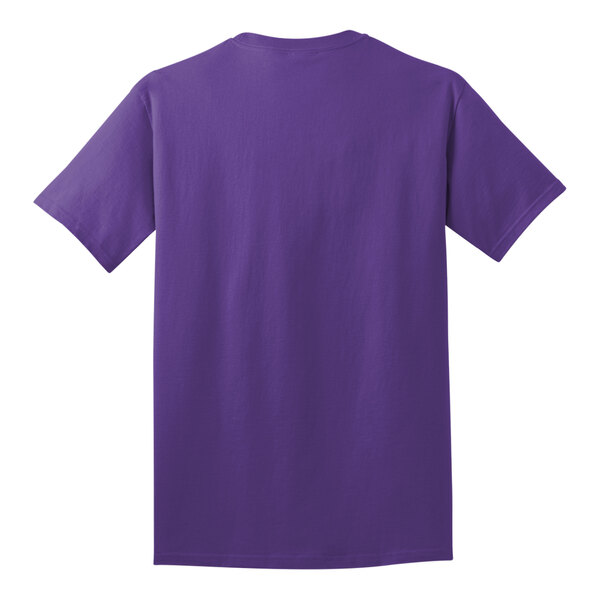 A close-up of a Port & Company purple short sleeve t-shirt.