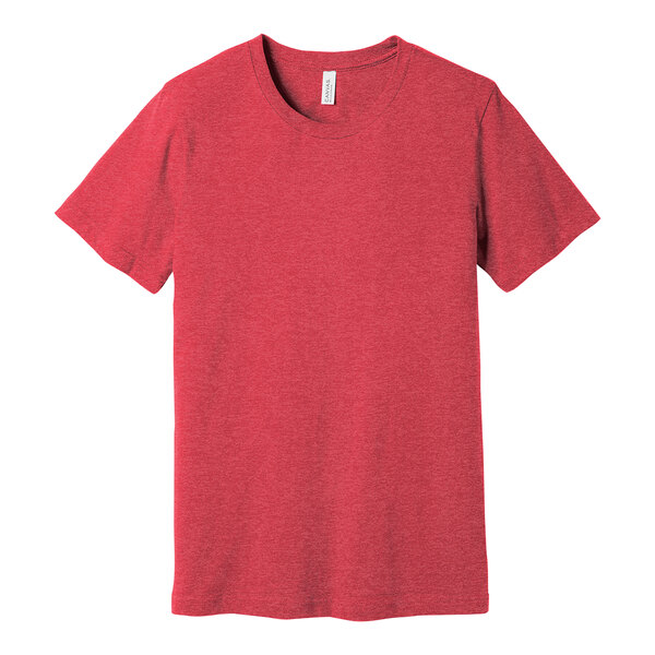 A heather red Bella + Canvas customizable t-shirt.