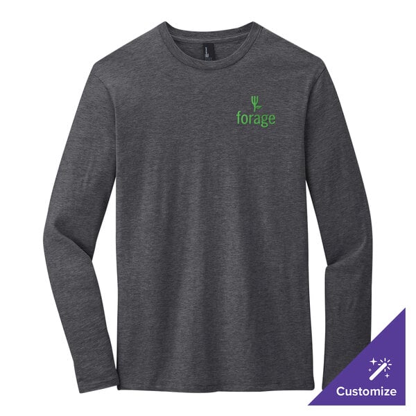 A heathered charcoal long sleeve District T-shirt with a green logo.