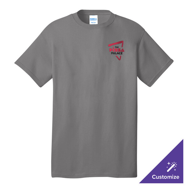 A Port & Company medium gray t-shirt with a red logo.