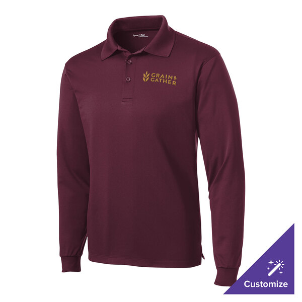 A maroon long sleeve Sport-Tek polo shirt with a logo on the front.