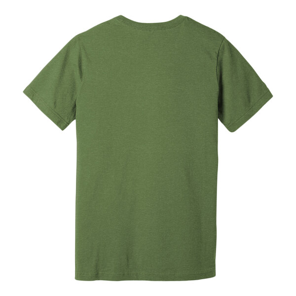 A customizable heather green Bella + Canvas T-shirt with a white logo on the back.