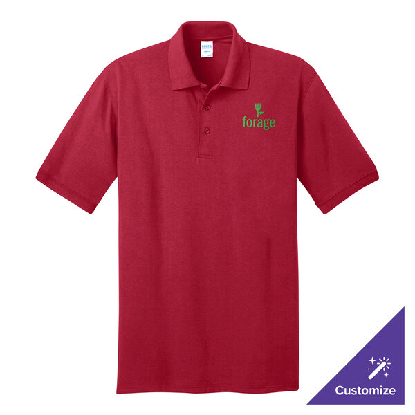 A red Port & Company polo shirt with a green logo.