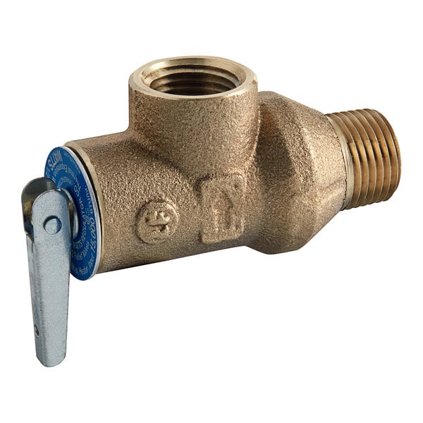 A brass Watts pressure relief valve with a test lever.