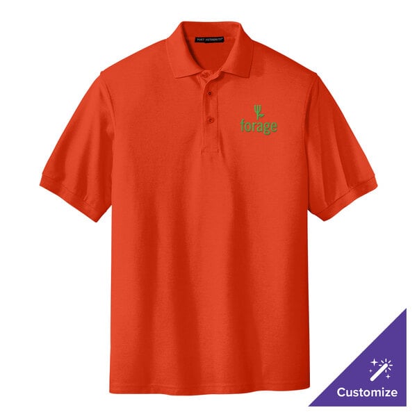 A medium orange Port Authority polo shirt with a green and white logo.