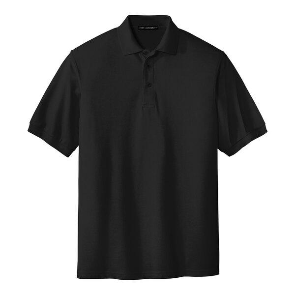 A black Port Authority® silk touch pique polo shirt.