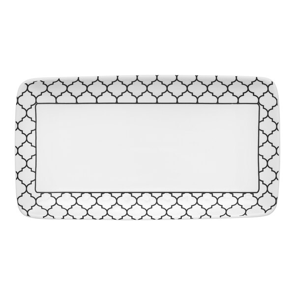 A white rectangular Libbey porcelain platter with a black and white geometric design.