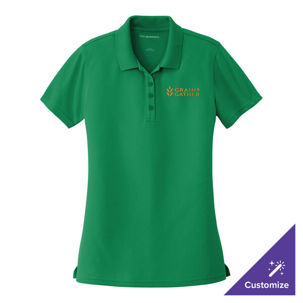 A bright kelly green Port Authority women's polo shirt with a logo on it.