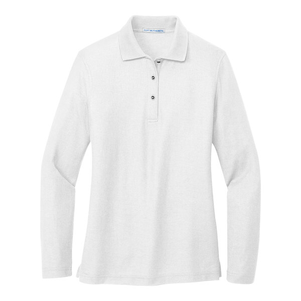 A white Port Authority long sleeve polo shirt for women.