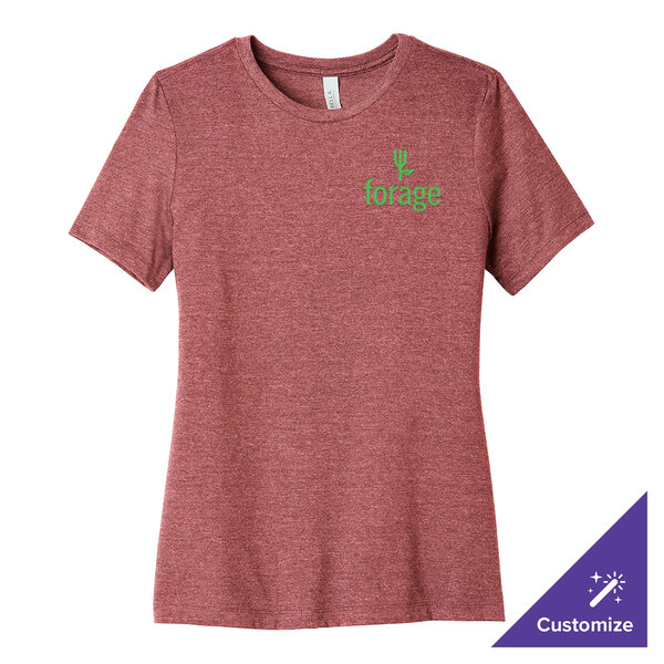 A heather mauve Bella + Canvas women's t-shirt with a green logo.