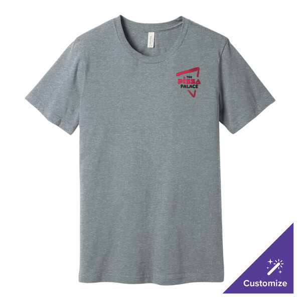 A medium athletic heather grey Bella + Canvas t-shirt with a red logo on it.