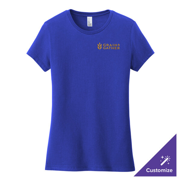A District deep royal blue women's t-shirt with a logo on it.
