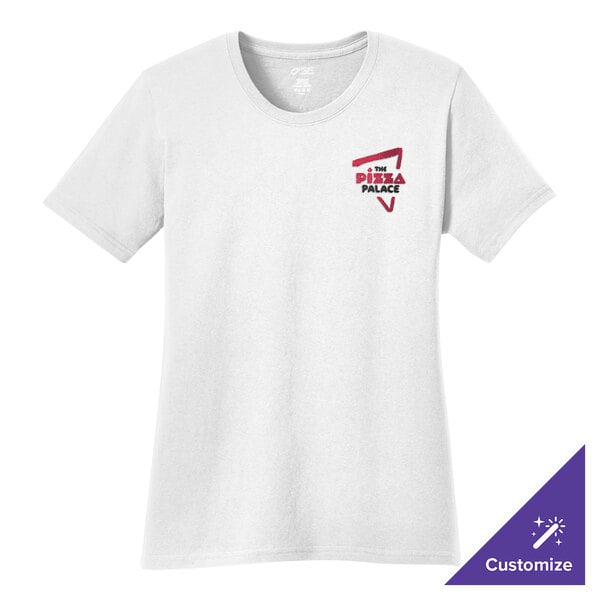 A white Port & Company women's short sleeve t-shirt with a red logo on it.
