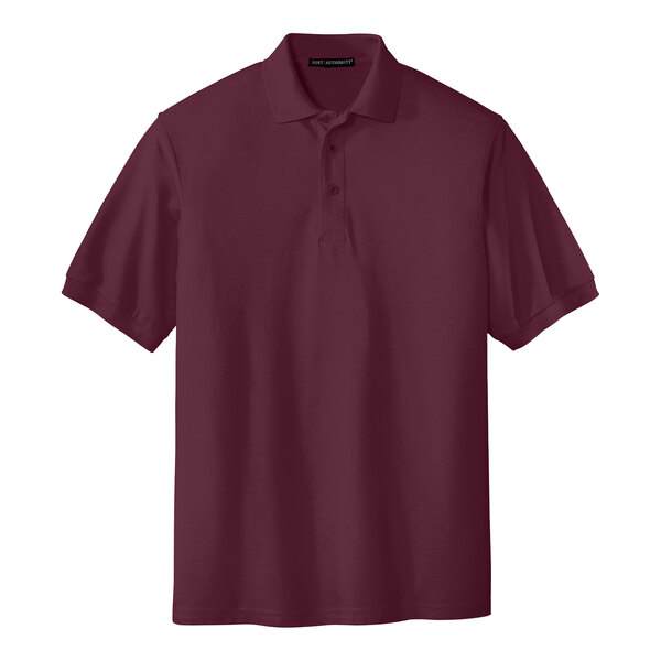 A maroon Port Authority® silk touch polo shirt.