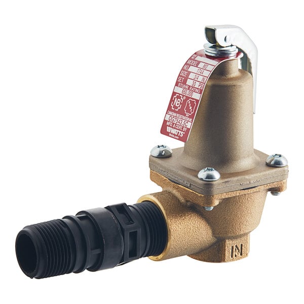 A close up of a Watts brass water pressure relief valve with a red and white sensor.