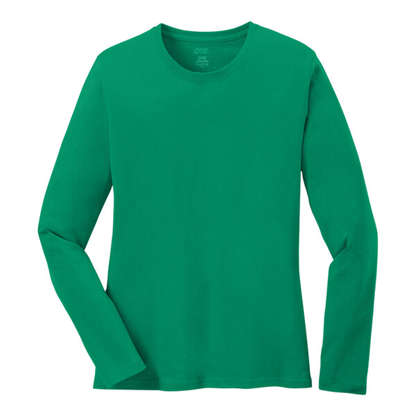 A Port & Company women's long sleeve Kelly green shirt.