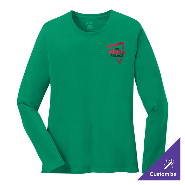 A Port & Company women's kelly green long sleeve shirt with a red logo.