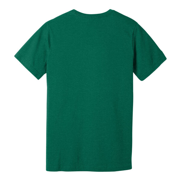 A customizable heather grass green Bella + Canvas T-shirt with a white logo on the back.