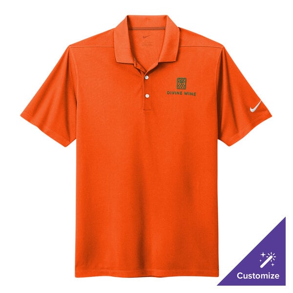 A Nike Dri-FIT orange polo shirt with a white swoosh on the sleeve.