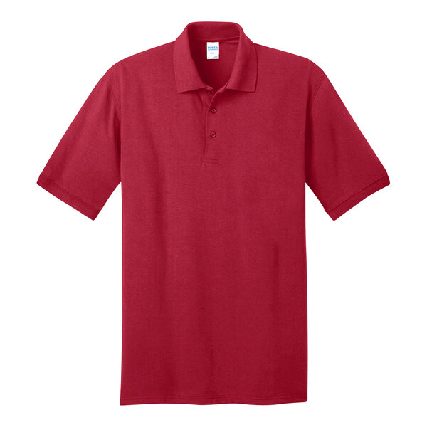 A red Port & Company short sleeve polo shirt.