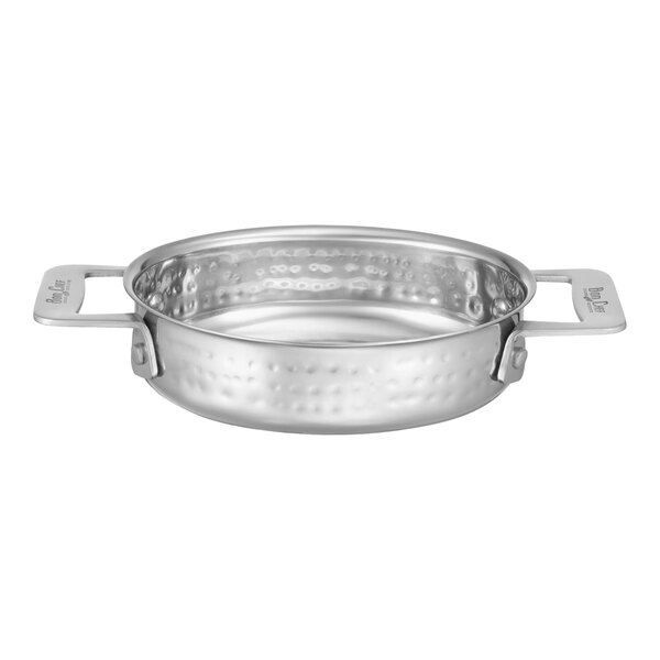 A silver stainless steel Bon Chef oval dish with handles.