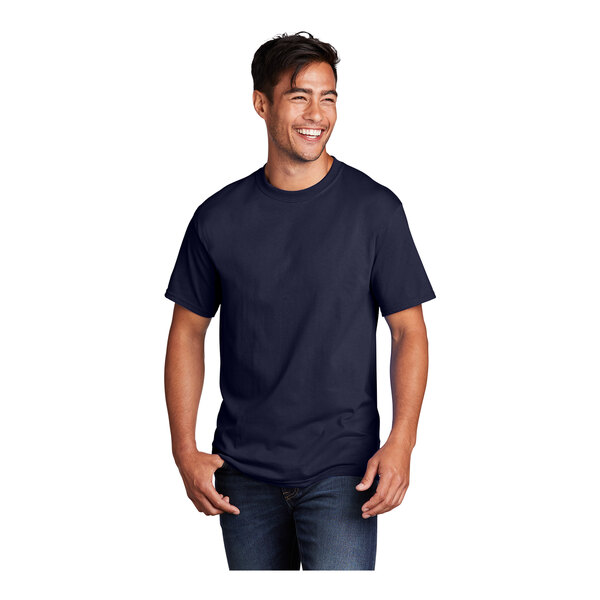 A man wearing a navy Port & Company T-shirt.