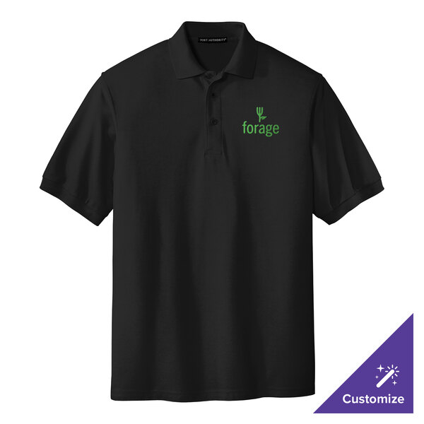 A black Port Authority polo shirt with a logo on it.