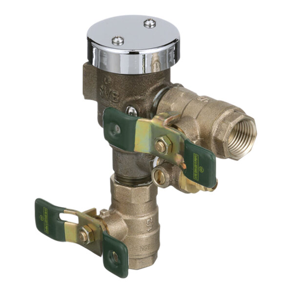 A close-up of a Watts brass anti-siphon vacuum breaker with green handles.
